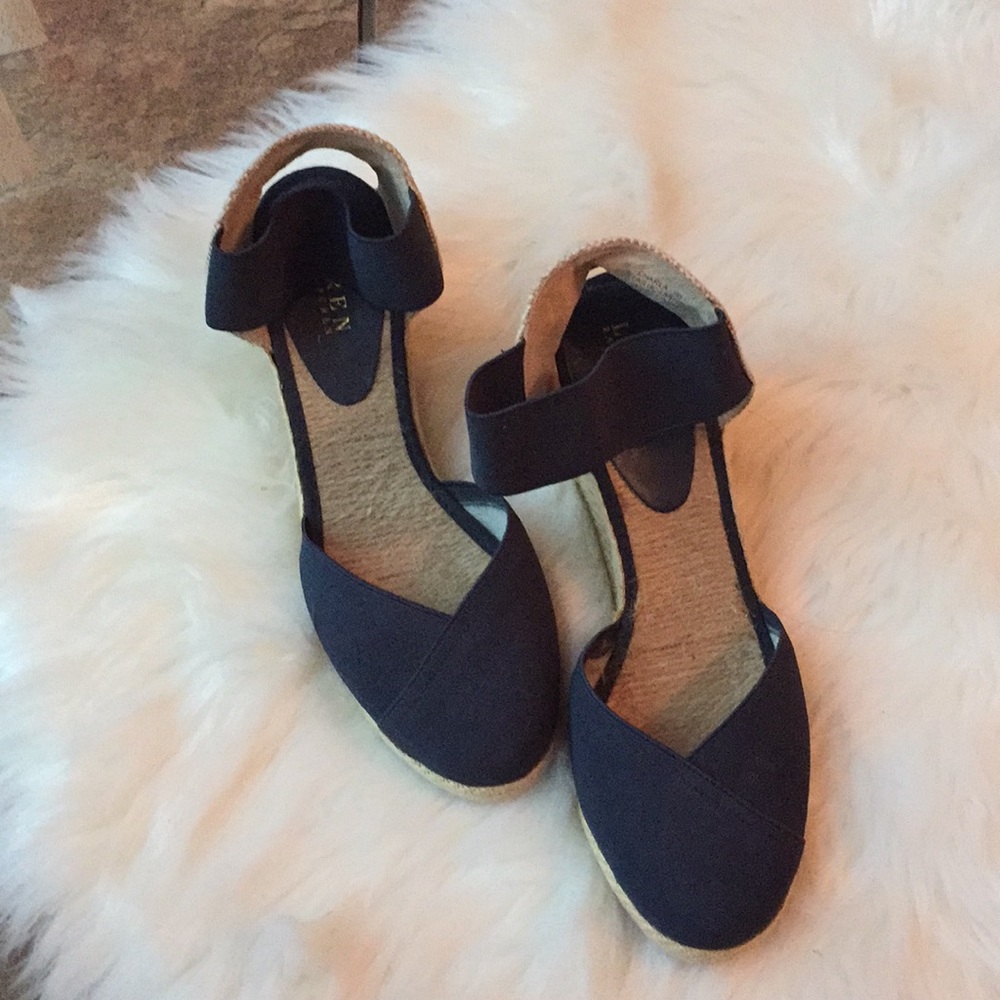 Ralph Lauren navy & burlap wedges